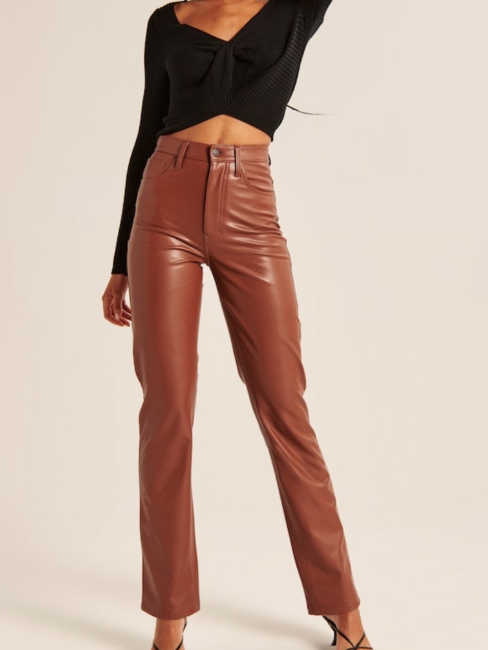 Abercrombie & Fitch High-Rise Faux Leather Straight Leg Jeans — Brown